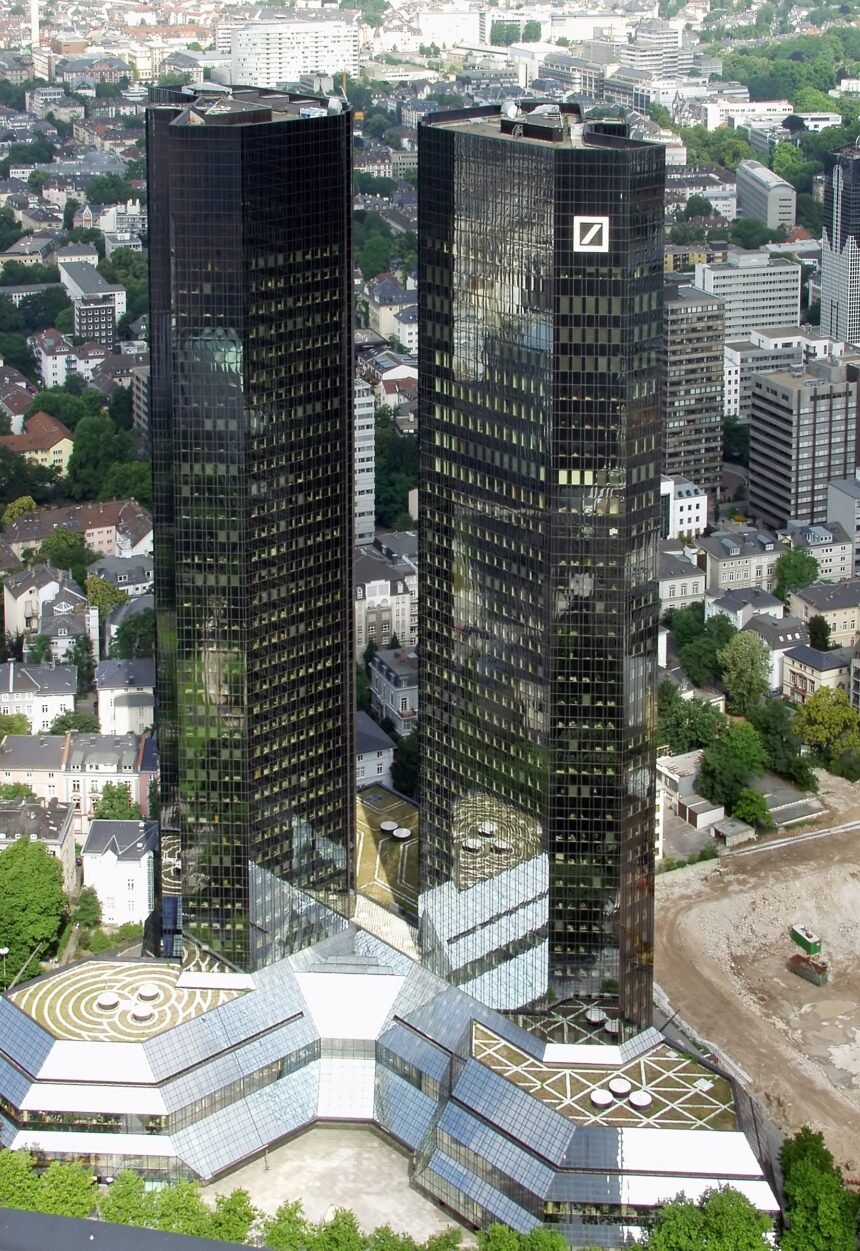Deutsche Bank twin towers headquarters in Frankfurt as the bank prepares its Bitcoin custody launch