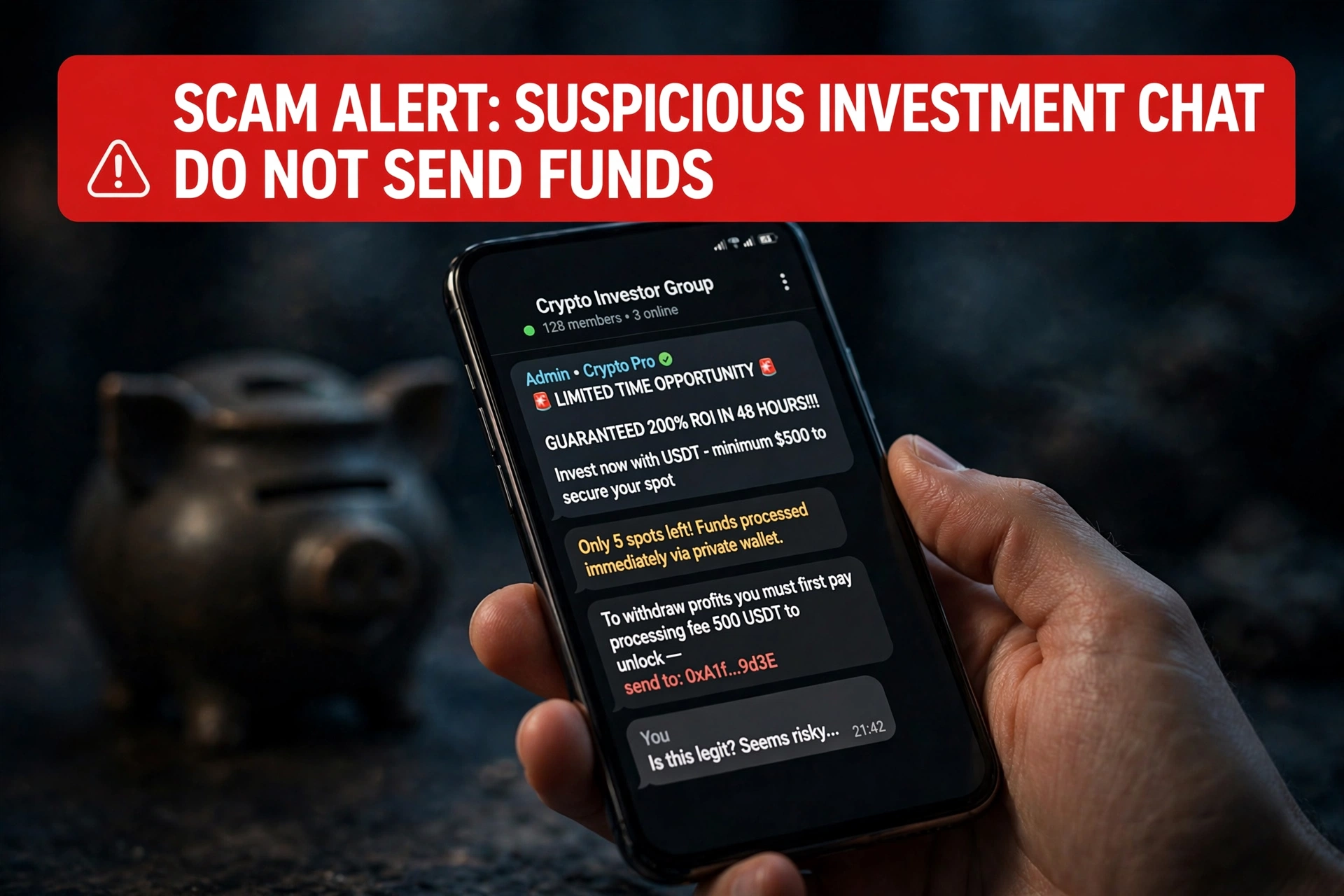 Smartphone with scam warning - crypto pig butchering scams 2026