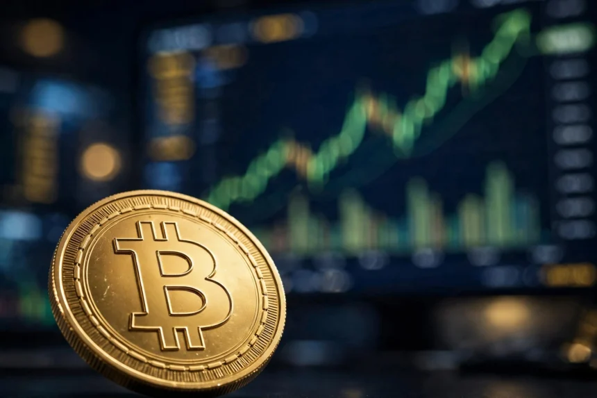 Golden Bitcoin coin with rebounding price chart - Bitcoin rebounds above $83,000 October 13 2026