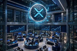 XRP coin above stock exchange trading floor - Evernorth XRPN Nasdaq debut
